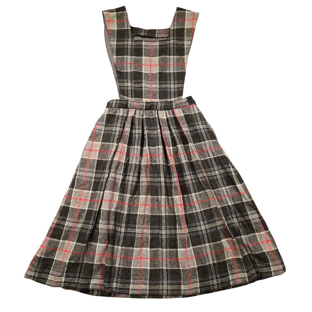 Vintage Plaid Pinafore Jumper Dress Grey Red Pleated Schoolgirl Dark Academia